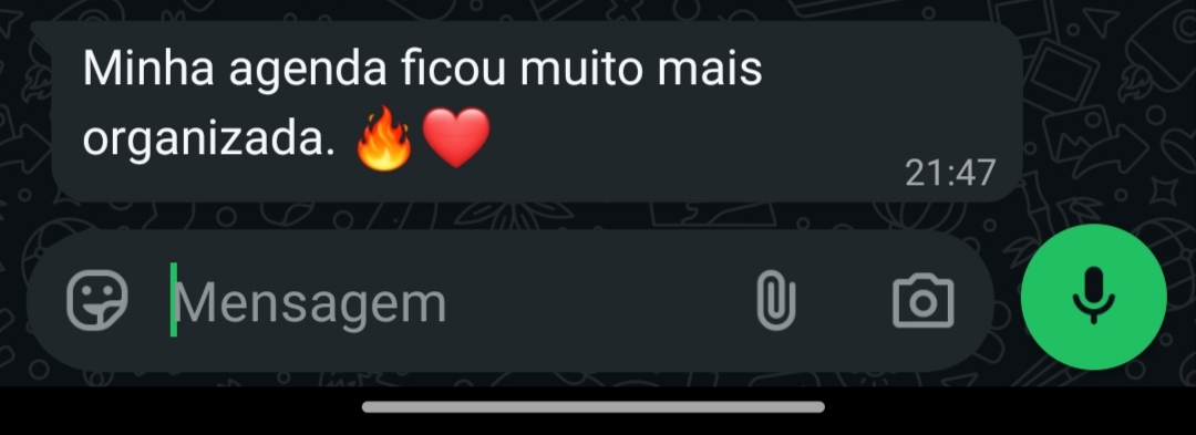 Print de conversa no WhatsApp: mensagem sobre a agenda mais organizada