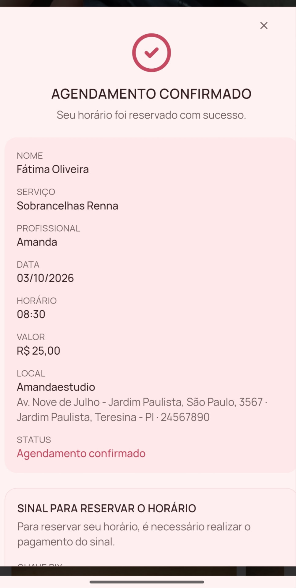 Etapa pronto do agendamento: Agendamento confirmado