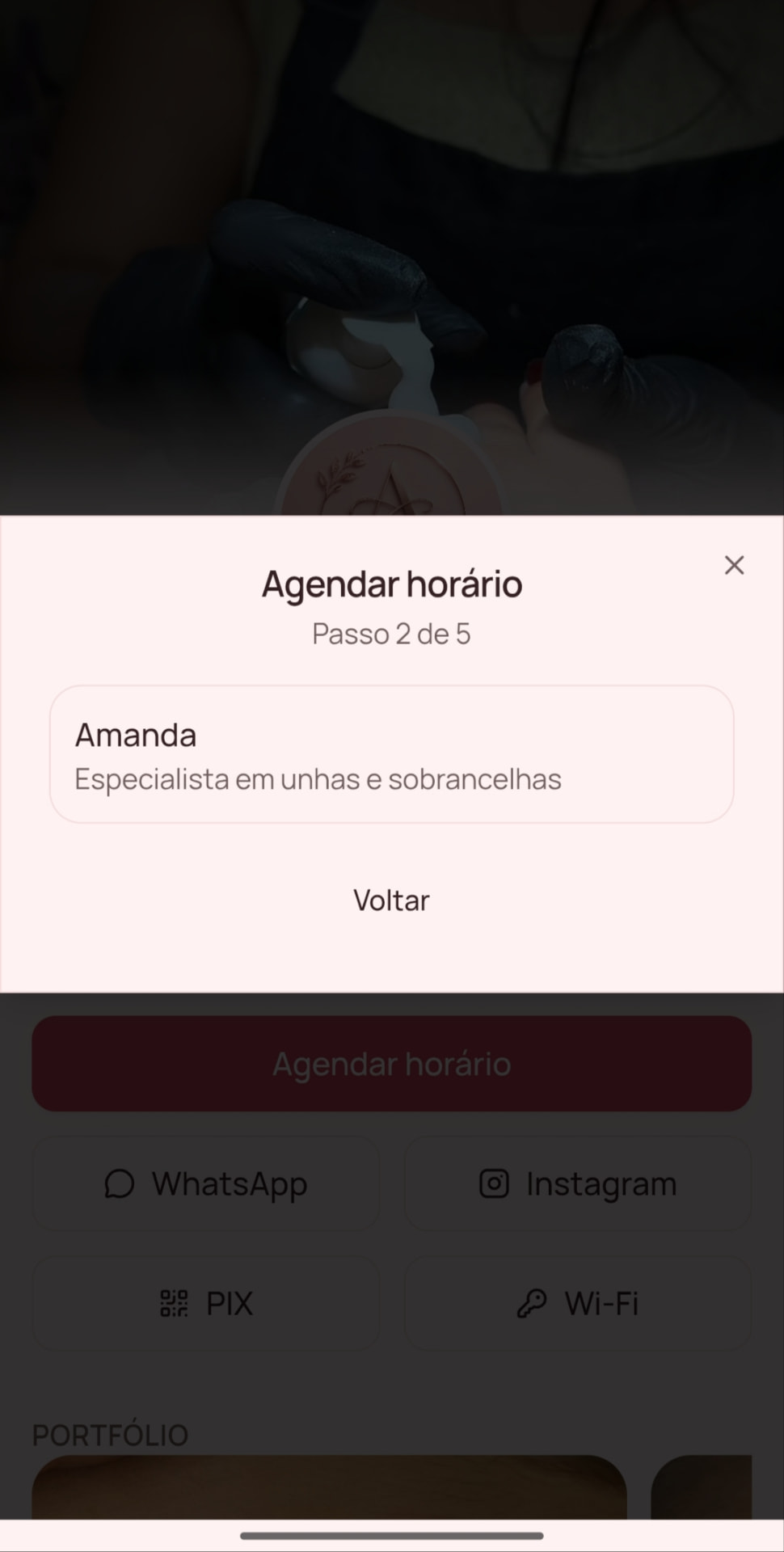 Etapa passo 2 do agendamento: Escolher a profissional